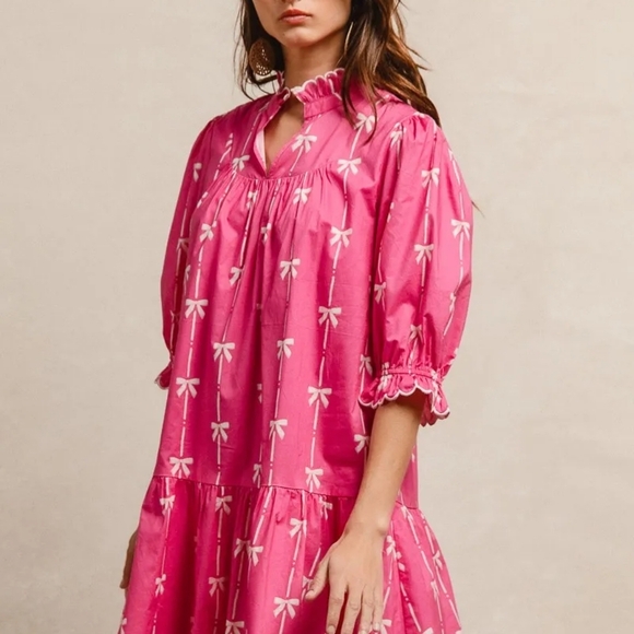 BiBi Ribbon Patterns With Scallops Edge Details Short Sleeve Dress - Picture 2 of 4